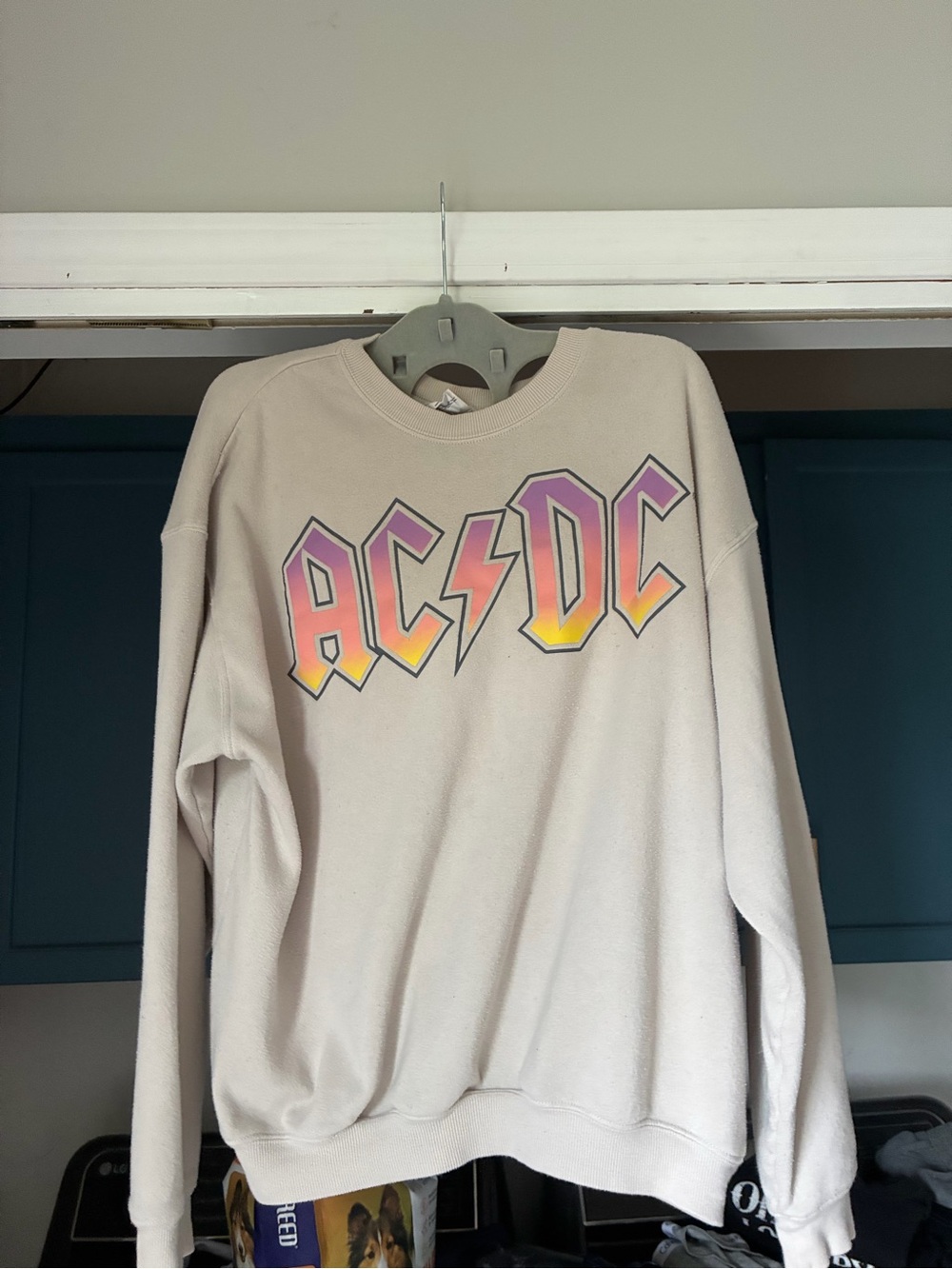 AC/DC Crewneck Sweatshirt in Cream with Pink and Yellow Gradient Logo